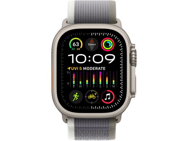Смарт часовници Apple Watch Ultra2 Cellular, 49mm Titanium Case w Green/Grey Trail Loop - S/M